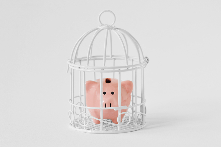 Piggy Bank Closed In A Cage On White Background. Never Binge Again Cage the Pig