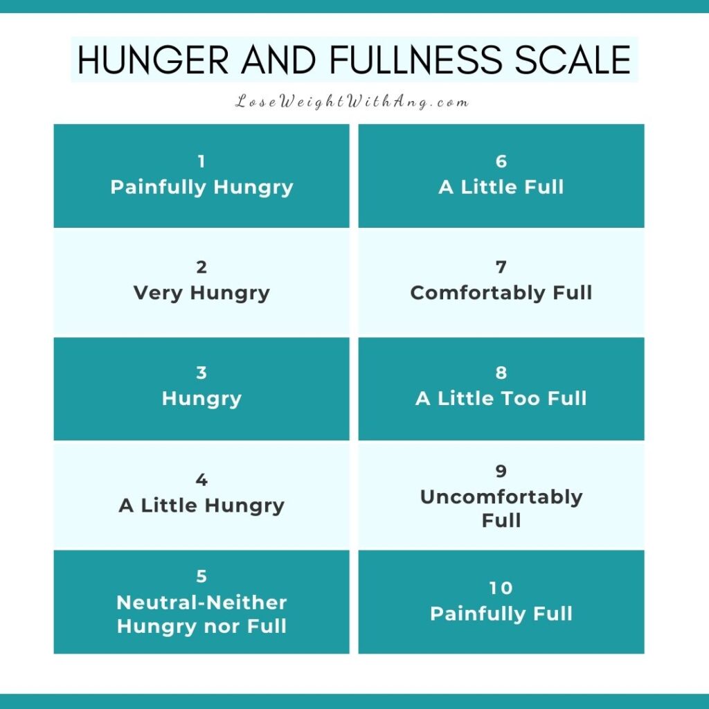 A graphic of a hunger and fullness scale to help you figure out when is the right time to eat. At the top it is titled, hunger and fullness scale. The scale ranges from painfully hungry, to hungry, to neutral, to full, to painfully full. The steps of the scale are on blue-green blocks. At the top the name of the site is written, loseweightwithang.com