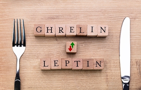 A picture of wooden word blocks spelling out the hormones ghrelin and leptin, with a block showing two arrows in between. The blocks are on a wooden table next to a silver fork and knife. Photo for Hormones and Weight Gain post
