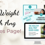 Lose Weight With Ang Freebies Page Introduction Picture. It says on it, "Lose Weight With Ang: Freebies Page." There is a picture to the righthand side of a bunch of resources overlapping each other, each displaying the cover of one of the many free downloads. In the background, there's a dark green and mauve design of vines and leaves.