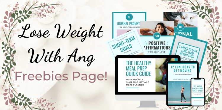 Lose Weight With Ang Freebies Page Introduction Picture. It says on it, "Lose Weight With Ang: Freebies Page." There is a picture to the righthand side of a bunch of resources overlapping each other, each displaying the cover of one of the many free downloads. In the background, there's a dark green and mauve design of vines and leaves.