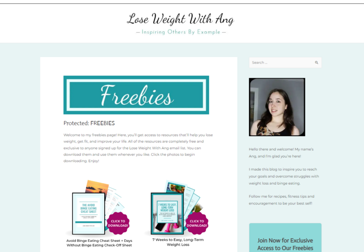 A screenshot from the Lose Weight With Ang site's Freebies Page, showing where you can download the free content. It has a blue-green box at the top that says "Freebies" in it in white cursive writing. Below, there are picture of the content that can be downloaded, with a pink button on each one saying "click to download."