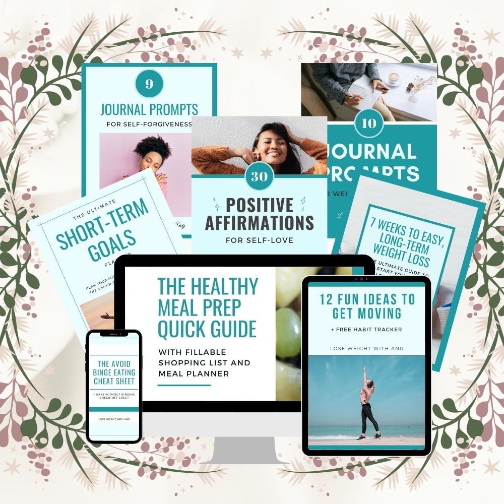 Shown is the Lose Weight With Ang Homepage Photo for the Freebies Page. It features a mock-up of all the freebies thrown together, some shown on a computer monitor or phone. The freebies include a stop binge eating cheat sheet, a guide to losing weight in 7 weeks, a meal prep guide, journal prompts, a goal setting planner, and self-love affirmations. The background is a light beige, with a design around the edges of green and pink branches and leaves.