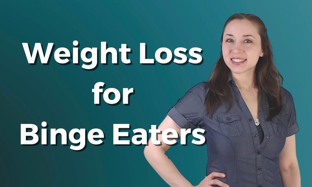 Weight Loss for Binge Eaters Logo. Main course picture for Weight Loss for Binge Eaters mini-course. It features the title in bold white letters next to a picture of Ang. She's wearing a navy blue blouse and has long, wavy brown hair. She has her hand on her hip and is smiling. The background is a gradient between dark and medium blue-green.