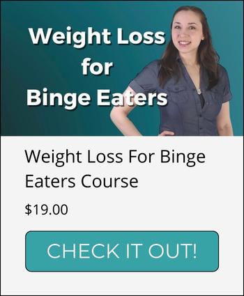 A photo of the Weight Loss for Binge Eaters Course Widget. It features the title thumbnail which shows Ang smiling with her hand on her hip. She's wearing a navy blue blouse and has long, brown hair. The description says Weight Loss for Binge Eaters Course, the price, and a blue-green button that says check it out in all capital letters.