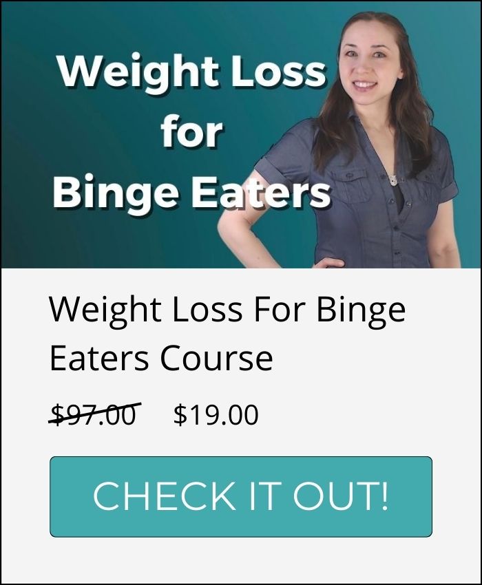 A photo of the Weight Loss for Binge Eaters Course Widget. It features the title thumbnail which shows Ang smiling with her hand on her hip. She's wearing a navy blue blouse and has long, brown hair. The description says Weight Loss for Binge Eaters Course, the price, and a blue-green button that says check it out in all capital letters.